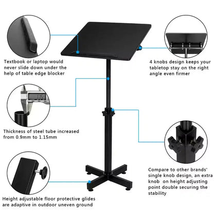 VINGLI Classic Lectern Podium Stand, Height Adjustable Mobile Podium, Multi-Purpose Tabletop for Speech, Lecture, Laptop Desk with Edge Stopper, Black
