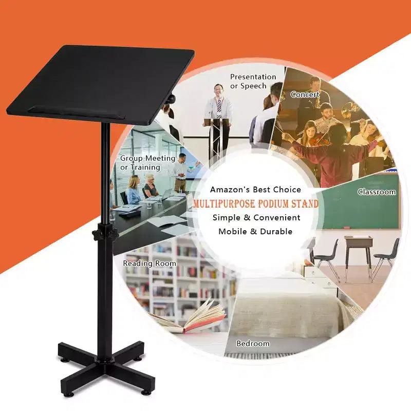 VINGLI Classic Lectern Podium Stand, Height Adjustable Mobile Podium, Multi-Purpose Tabletop for Speech, Lecture, Laptop Desk with Edge Stopper, Black