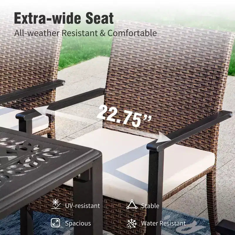 Captiva Designs – Ensemble de salle à manger d'extérieur 9 pièces, table carrée en fonte d'aluminium avec trou pour parasol et chaises en rotin tressé rembourrées