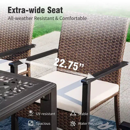 Captiva Designs – Ensemble de salle à manger d'extérieur 9 pièces, table carrée en fonte d'aluminium avec trou pour parasol et chaises en rotin tressé rembourrées