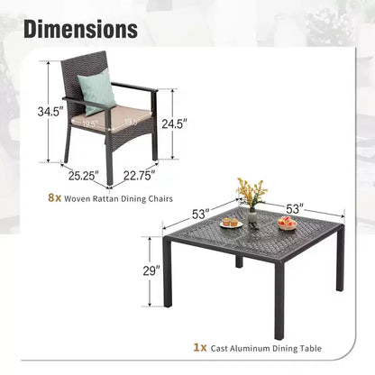 Captiva Designs – Ensemble de salle à manger d'extérieur 9 pièces, table carrée en fonte d'aluminium avec trou pour parasol et chaises en rotin tressé rembourrées