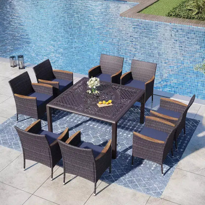 Captiva Designs – Ensemble de salle à manger d'extérieur 9 pièces, table carrée en fonte d'aluminium avec trou pour parasol et chaises en rotin tressé rembourrées