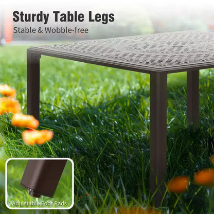 Captiva Designs – Ensemble de salle à manger d'extérieur 9 pièces, table carrée en fonte d'aluminium avec trou pour parasol et chaises en rotin tressé rembourrées