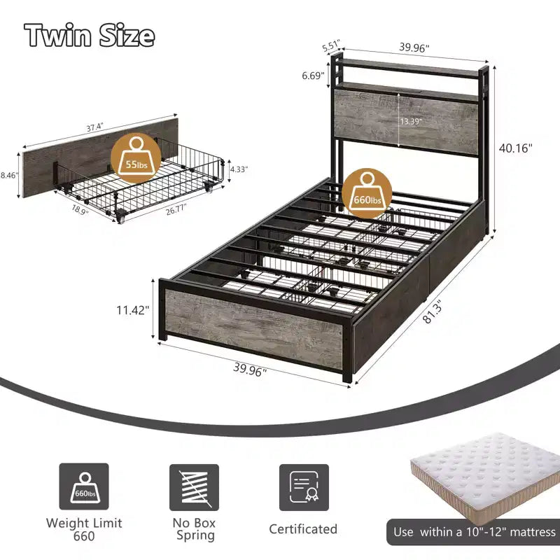VINGLI Metal Platform with 4 Storage Drawers/Headboard/LED Lights/Charging Station, No Box Spring Needed, Easy Assembly, Wash Grey