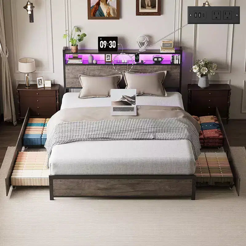 VINGLI Lit plateforme en métal avec 4 tiroirs de rangement/tête de lit/lumières LED/station de charge, aucun sommier tapissier requis, assemblage facile, gris délavé