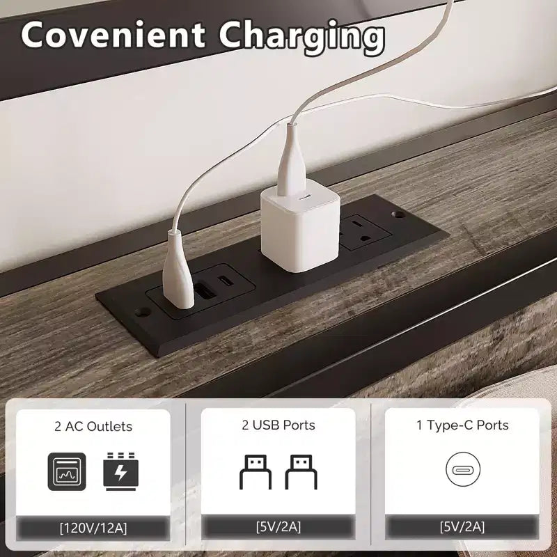 VINGLI Lit plateforme en métal avec 4 tiroirs de rangement/tête de lit/lumières LED/station de charge, aucun sommier tapissier requis, assemblage facile, gris délavé