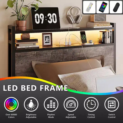 VINGLI Lit plateforme en métal avec 4 tiroirs de rangement/tête de lit/lumières LED/station de charge, aucun sommier tapissier requis, assemblage facile, gris délavé