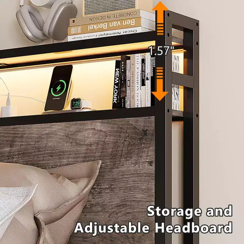 VINGLI Lit plateforme en métal avec 4 tiroirs de rangement/tête de lit/lumières LED/station de charge, aucun sommier tapissier requis, assemblage facile, gris délavé