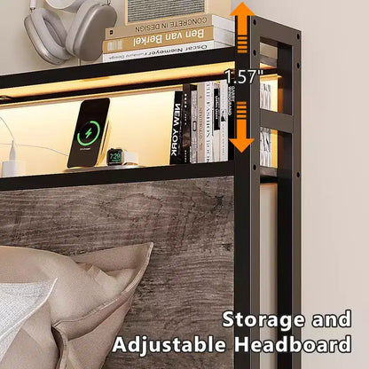 VINGLI Lit plateforme en métal avec 4 tiroirs de rangement/tête de lit/lumières LED/station de charge, aucun sommier tapissier requis, assemblage facile, gris délavé