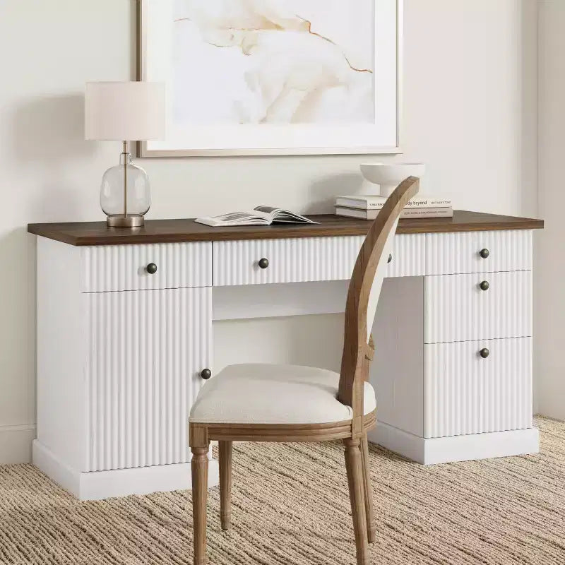 Fluted Home Office Desk Storage, 60 Modern Executive Desk with Charging Station, Wooden Computer Writing Desk with File Drawers for Study Room