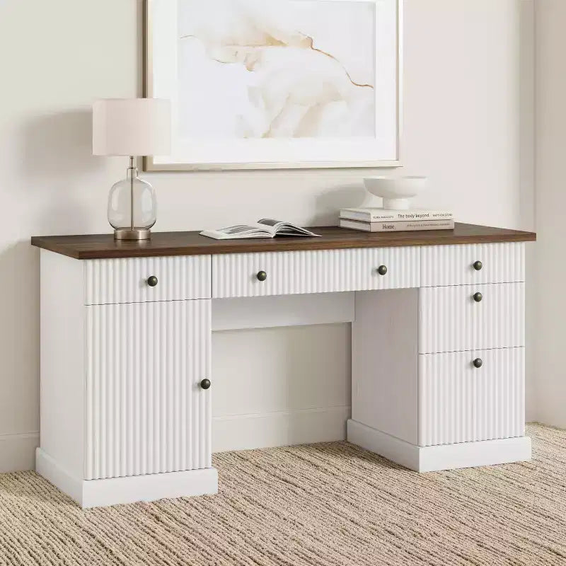 Fluted Home Office Desk Storage, 60 Modern Executive Desk with Charging Station, Wooden Computer Writing Desk with File Drawers for Study Room