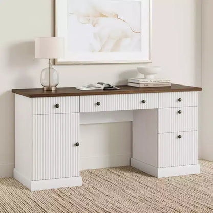 Fluted Home Office Desk Storage, 60 Modern Executive Desk with Charging Station, Wooden Computer Writing Desk with File Drawers for Study Room