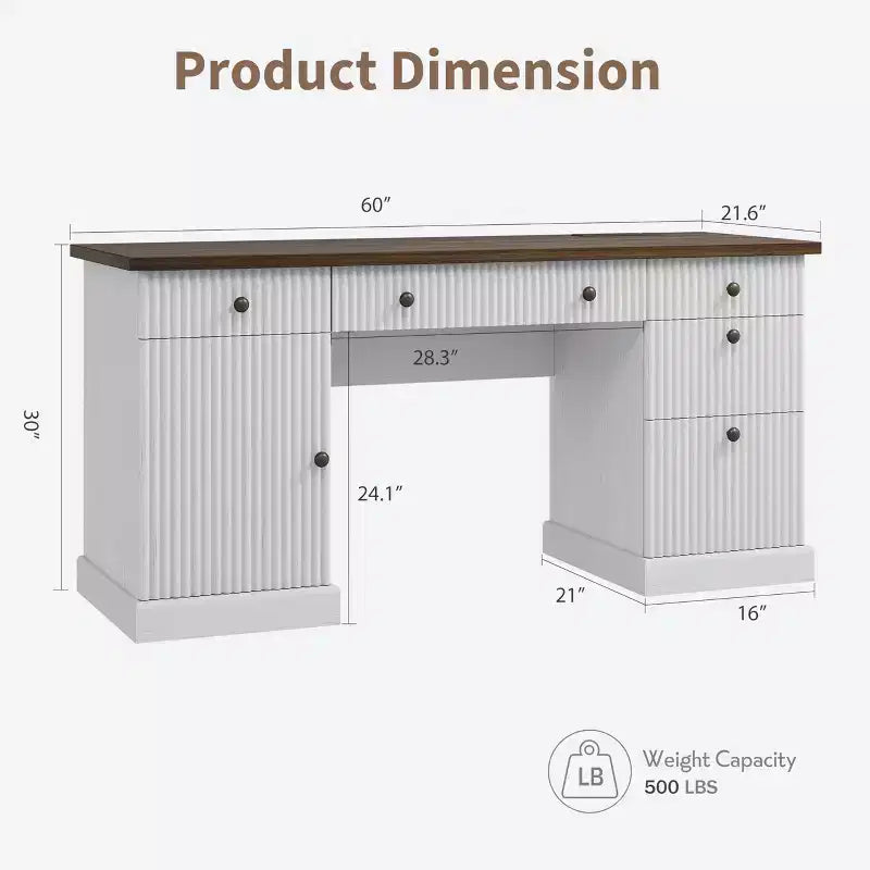Fluted Home Office Desk Storage, 60 Modern Executive Desk with Charging Station, Wooden Computer Writing Desk with File Drawers for Study Room