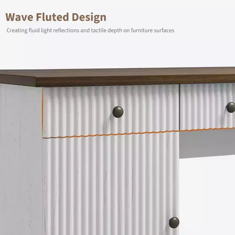 Fluted Home Office Desk Storage, 60 Modern Executive Desk with Charging Station, Wooden Computer Writing Desk with File Drawers for Study Room