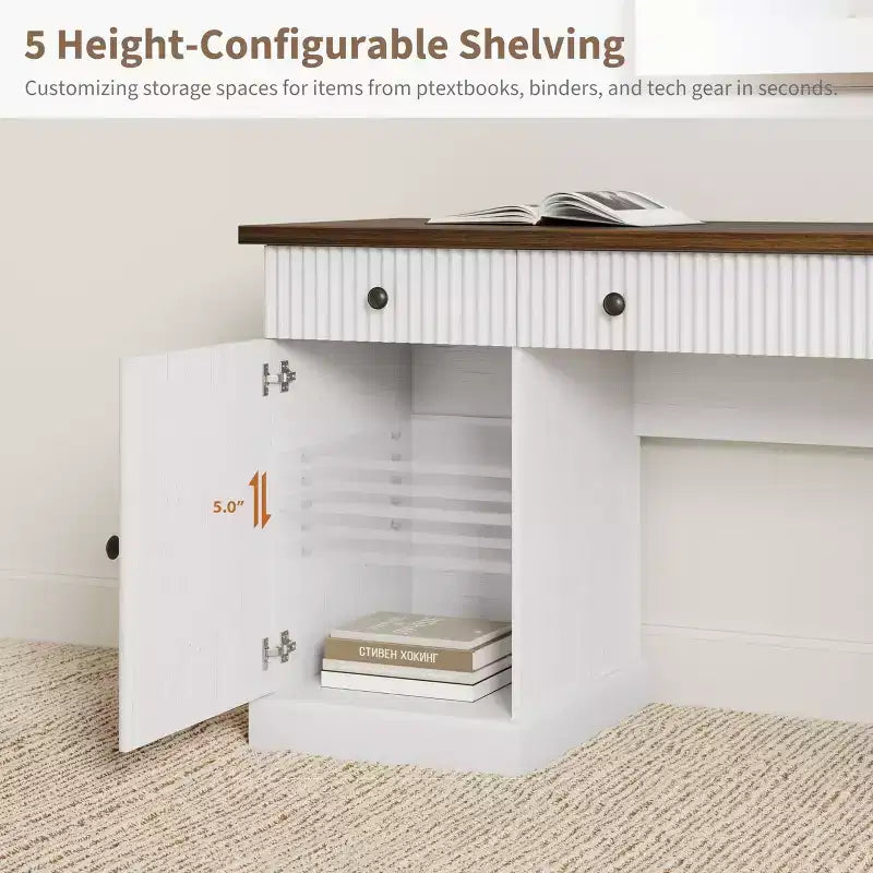 Fluted Home Office Desk Storage, 60 Modern Executive Desk with Charging Station, Wooden Computer Writing Desk with File Drawers for Study Room