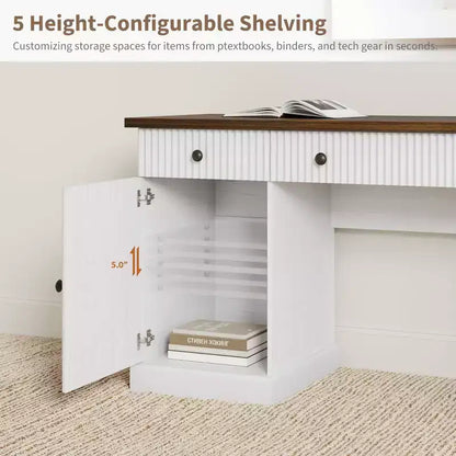 Fluted Home Office Desk Storage, 60 Modern Executive Desk with Charging Station, Wooden Computer Writing Desk with File Drawers for Study Room