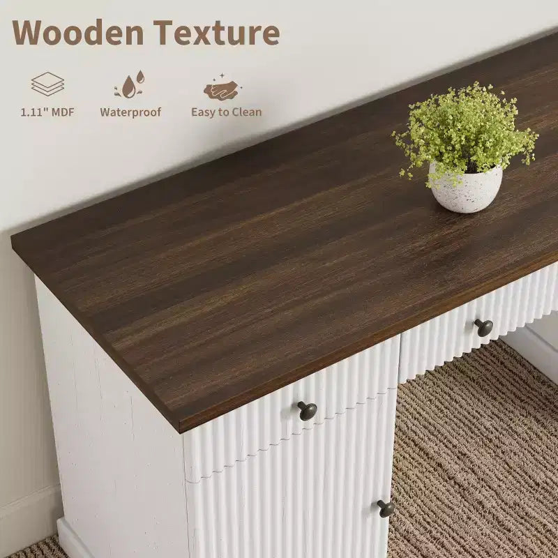 Fluted Home Office Desk Storage, 60 Modern Executive Desk with Charging Station, Wooden Computer Writing Desk with File Drawers for Study Room