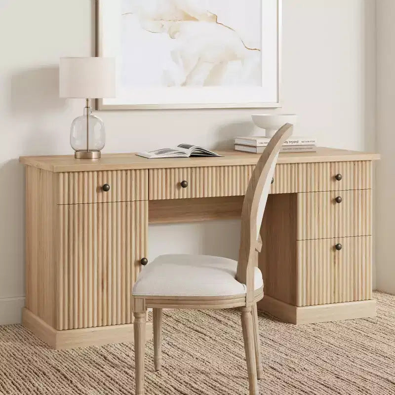 Fluted Home Office Desk Storage, 60 Modern Executive Desk with Charging Station, Wooden Computer Writing Desk with File Drawers for Study Room