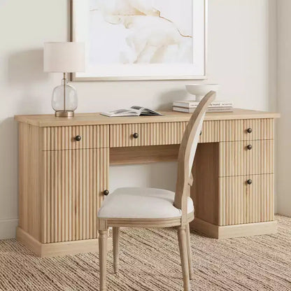 Fluted Home Office Desk Storage, 60 Modern Executive Desk with Charging Station, Wooden Computer Writing Desk with File Drawers for Study Room