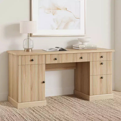 Fluted Home Office Desk Storage, 60 Modern Executive Desk with Charging Station, Wooden Computer Writing Desk with File Drawers for Study Room