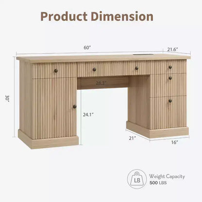 Fluted Home Office Desk Storage, 60 Modern Executive Desk with Charging Station, Wooden Computer Writing Desk with File Drawers for Study Room