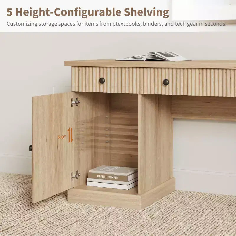Fluted Home Office Desk Storage, 60 Modern Executive Desk with Charging Station, Wooden Computer Writing Desk with File Drawers for Study Room
