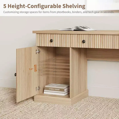Fluted Home Office Desk Storage, 60 Modern Executive Desk with Charging Station, Wooden Computer Writing Desk with File Drawers for Study Room