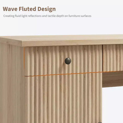 Fluted Home Office Desk Storage, 60 Modern Executive Desk with Charging Station, Wooden Computer Writing Desk with File Drawers for Study Room