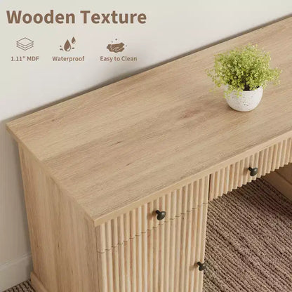 Fluted Home Office Desk Storage, 60 Modern Executive Desk with Charging Station, Wooden Computer Writing Desk with File Drawers for Study Room