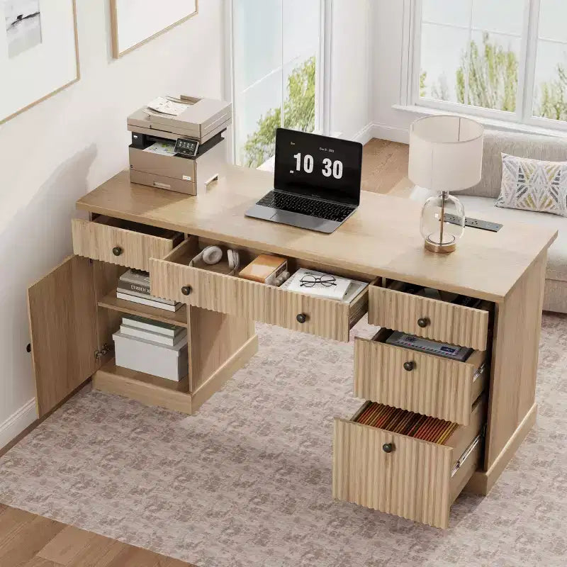 Fluted Home Office Desk Storage, 60 Modern Executive Desk with Charging Station, Wooden Computer Writing Desk with File Drawers for Study Room
