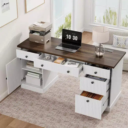 Fluted Home Office Desk Storage, 60 Modern Executive Desk with Charging Station, Wooden Computer Writing Desk with File Drawers for Study Room
