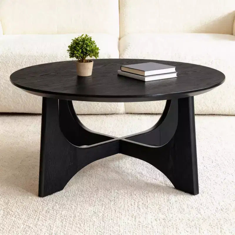 Homy Casa Round Coffee Table with Sculptural Base for Living Room or Lounge, Black