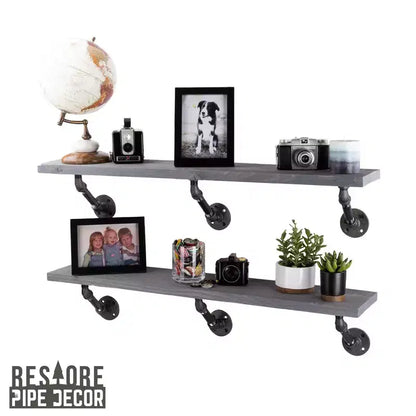 RESTORE Riverstone Grey 36 in. Shelves with Angled Brackets by Pipe Decor