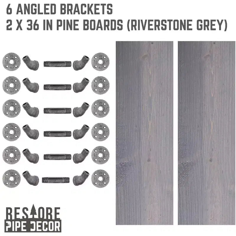 RESTORE Riverstone Grey 36 in. Shelves with Angled Brackets by Pipe Decor