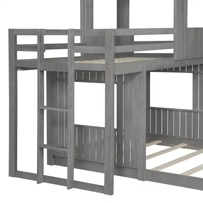 Wooden Twin over Full House Bunk Bed with Roof, Bunk Bed Frame Floor Playhouse Bed For Kids