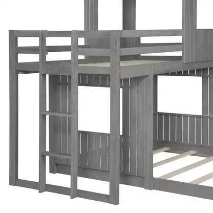 Wooden Twin over Full House Bunk Bed with Roof, Bunk Bed Frame Floor Playhouse Bed For Kids
