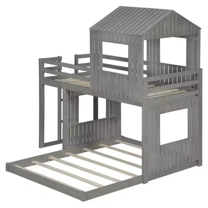 Wooden Twin over Full House Bunk Bed with Roof, Bunk Bed Frame Floor Playhouse Bed For Kids