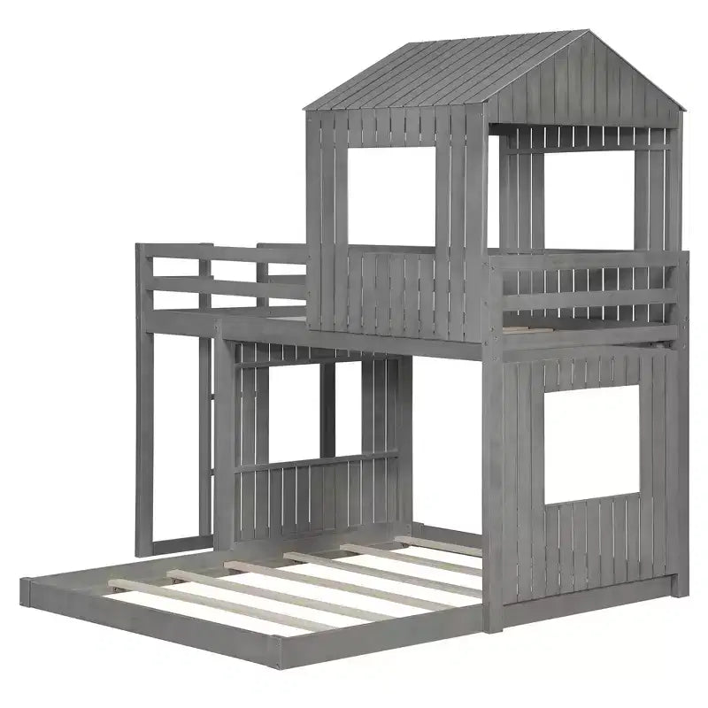 Wooden Twin over Full House Bunk Bed with Roof, Bunk Bed Frame Floor Playhouse Bed For Kids