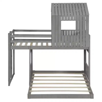 Wooden Twin over Full House Bunk Bed with Roof, Bunk Bed Frame Floor Playhouse Bed For Kids