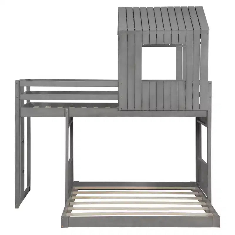 Wooden Twin over Full House Bunk Bed with Roof, Bunk Bed Frame Floor Playhouse Bed For Kids