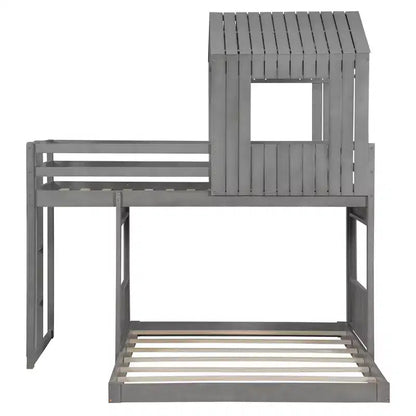 Wooden Twin over Full House Bunk Bed with Roof, Bunk Bed Frame Floor Playhouse Bed For Kids
