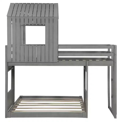 Wooden Twin over Full House Bunk Bed with Roof, Bunk Bed Frame Floor Playhouse Bed For Kids