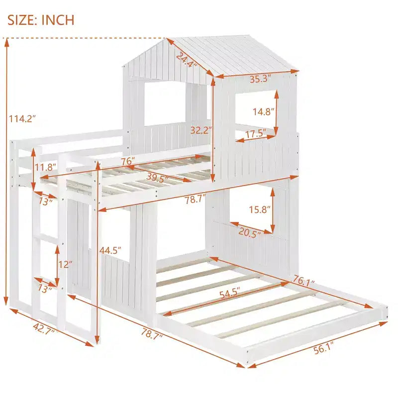 Wooden Twin over Full House Bunk Bed with Roof, Bunk Bed Frame Floor Playhouse Bed For Kids