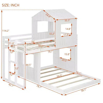 Wooden Twin over Full House Bunk Bed with Roof, Bunk Bed Frame Floor Playhouse Bed For Kids