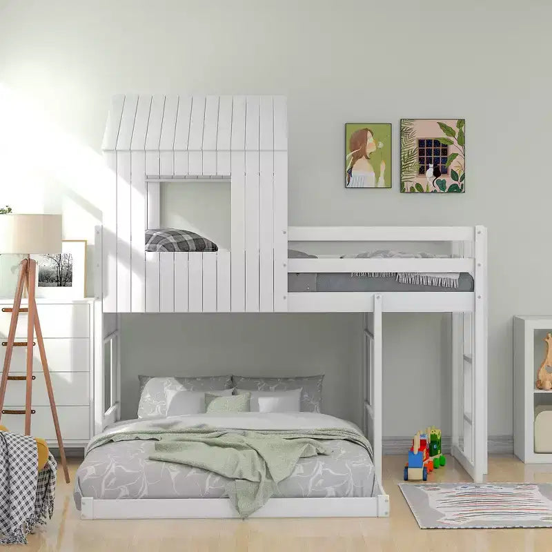 Wooden Twin over Full House Bunk Bed with Roof, Bunk Bed Frame Floor Playhouse Bed For Kids