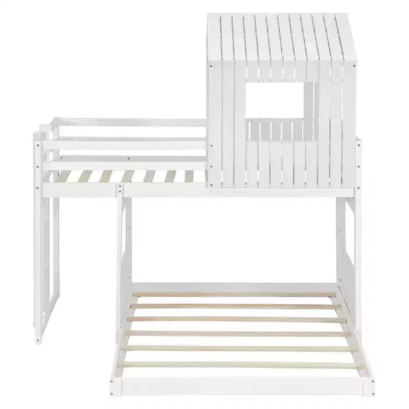 Wooden Twin over Full House Bunk Bed with Roof, Bunk Bed Frame Floor Playhouse Bed For Kids
