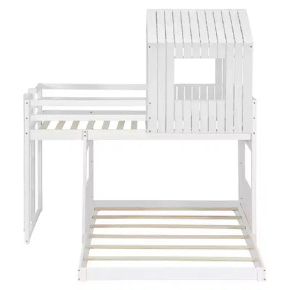 Wooden Twin over Full House Bunk Bed with Roof, Bunk Bed Frame Floor Playhouse Bed For Kids