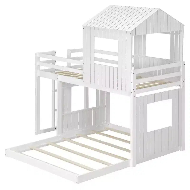 Wooden Twin over Full House Bunk Bed with Roof, Bunk Bed Frame Floor Playhouse Bed For Kids