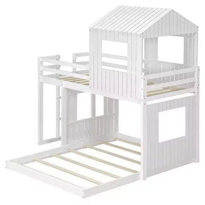 Wooden Twin over Full House Bunk Bed with Roof, Bunk Bed Frame Floor Playhouse Bed For Kids