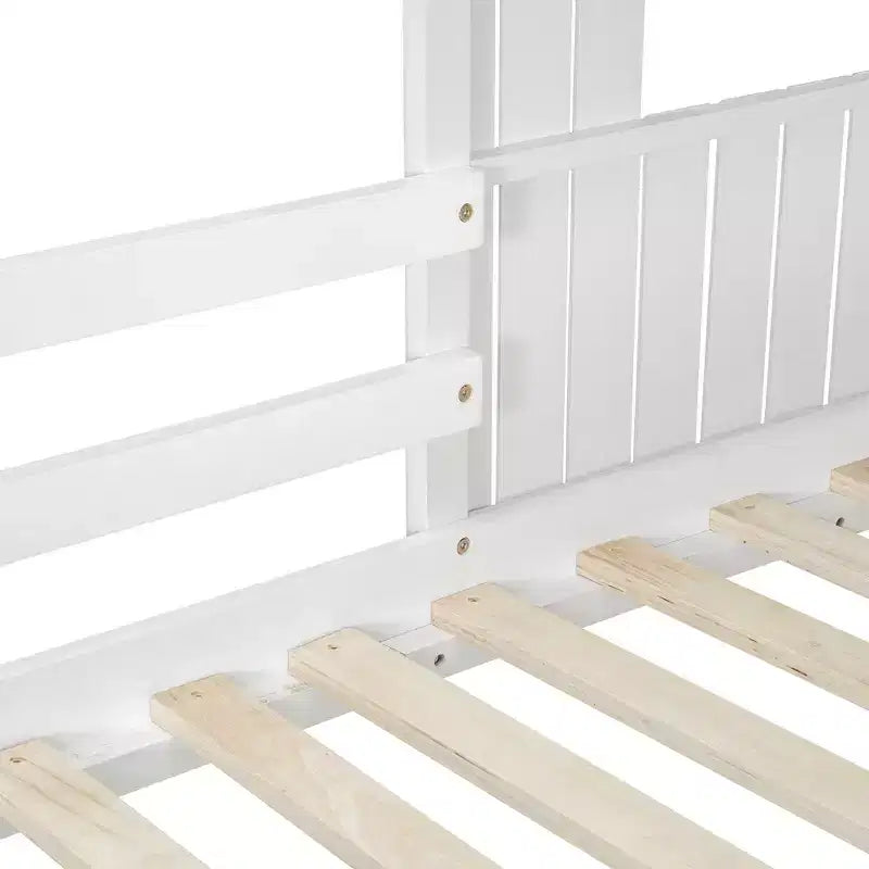 Wooden Twin over Full House Bunk Bed with Roof, Bunk Bed Frame Floor Playhouse Bed For Kids